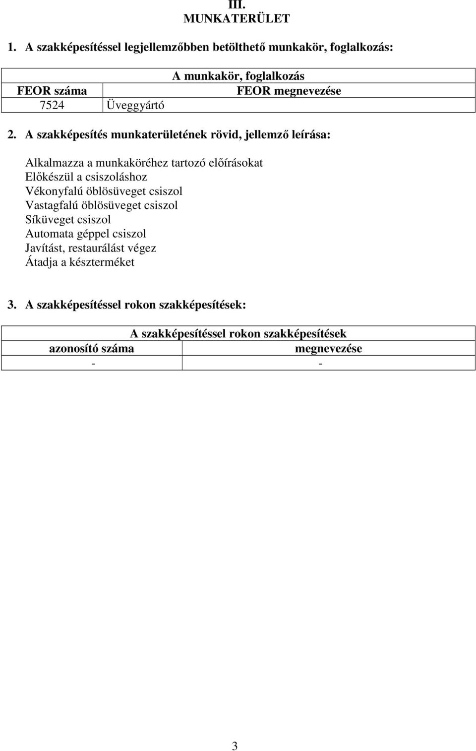 A szakképesítés munkaterületének rövid, jellemző leírása: Alkalmazza a munkaköréhez tartozó előírásokat Előkészül a csiszoláshoz Vékonyfalú