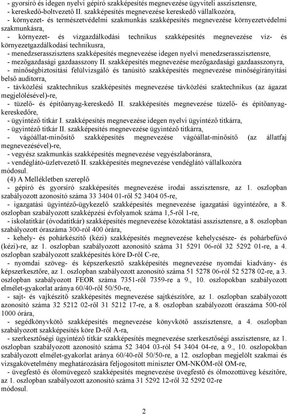 szakképesítés megnevezése víz- és környezetgazdálkodási technikusra, - menedzserasszisztens szakképesítés megnevezése idegen nyelvi menedzserasszisztensre, - mezőgazdasági gazdaasszony II.