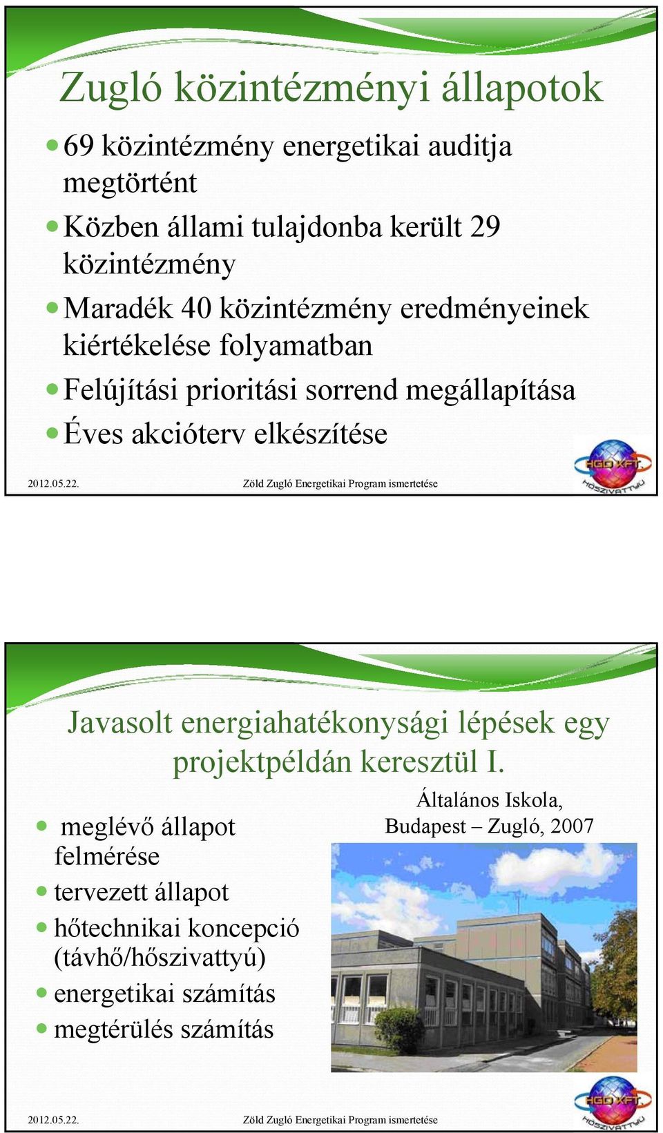 Éves akcióterv elkészítése Javasolt energiahatékonysági lépések egy projektpéldán keresztül I.