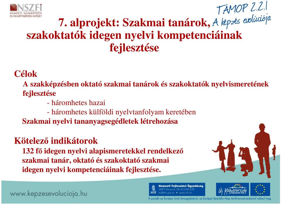 nyelvtanfolyam keretében Szakmai nyelvi tananyagsegédletek létrehozása Kötelező indikátorok 132 fő idegen