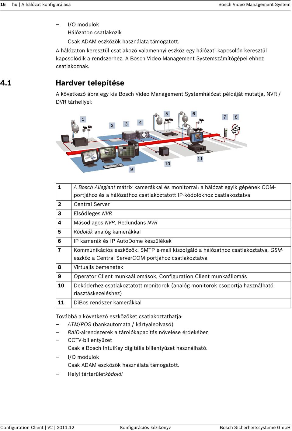 1 Hardver telepítése A következő ábra egy kis Bosch Video Management Systemhálózat példáját mutatja, NVR / DVR tárhellyel: 1 A Bosch Allegiant mátrix kamerákkal és monitorral: a hálózat egyik gépének