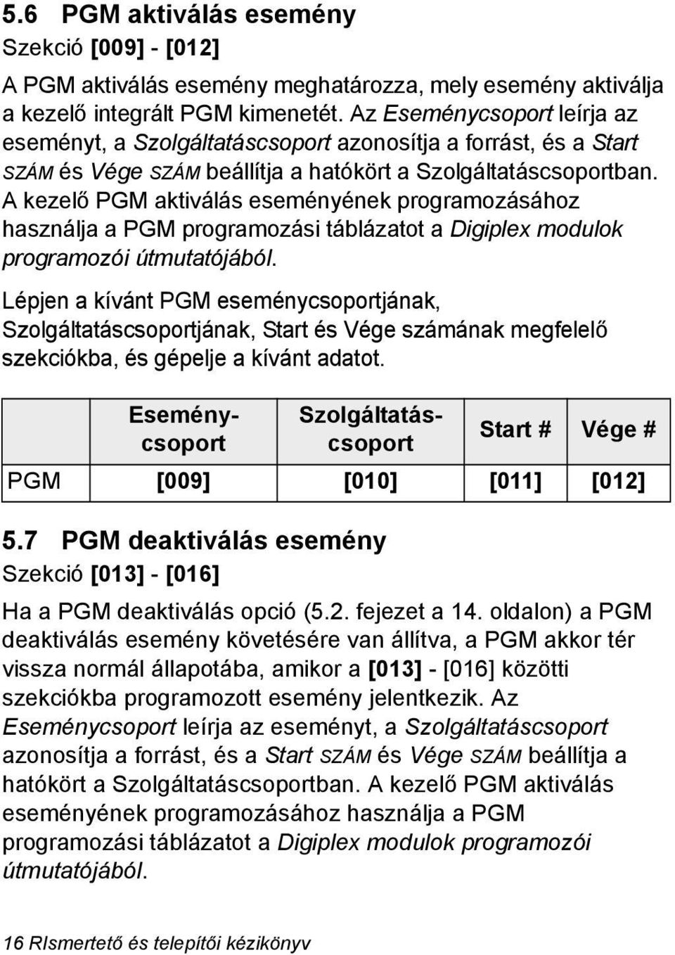 A kezelő PGM aktiválás eseményének programozásához használja a PGM programozási táblázatot a Digiplex modulok programozói útmutatójából.