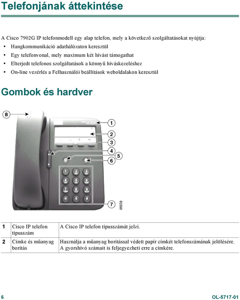 Felhasználói beállítások weboldalakon keresztül Gombok és hardver 1 Cisco IP telefon típusszám 2 Címke és műanyag borítás A Cisco IP telefon