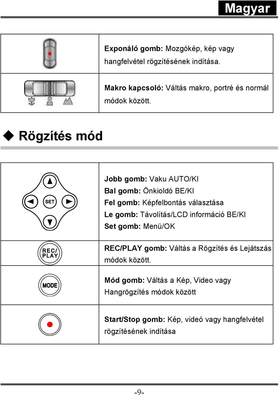 Rögzítés mód Jobb gomb: Vaku AUTO/KI Bal gomb: Önkioldó BE/KI Fel gomb: Képfelbontás választása Le gomb: Távolítás/LCD