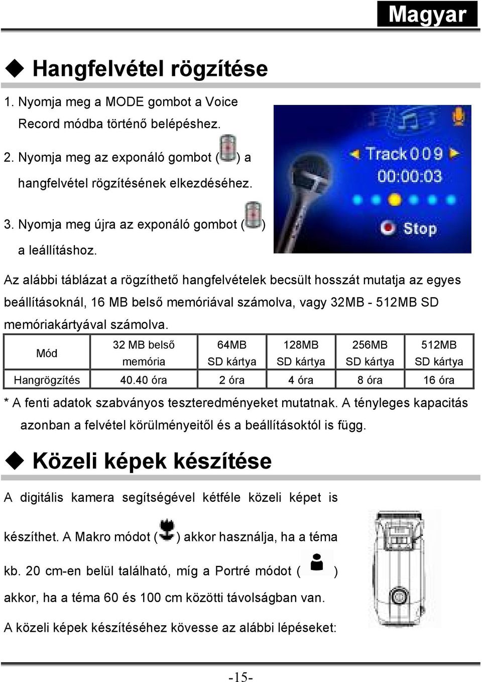 Az alábbi táblázat a rögzíthető hangfelvételek becsült hosszát mutatja az egyes beállításoknál, 16 MB belső memóriával számolva, vagy 32MB - 512MB SD memóriakártyával számolva.