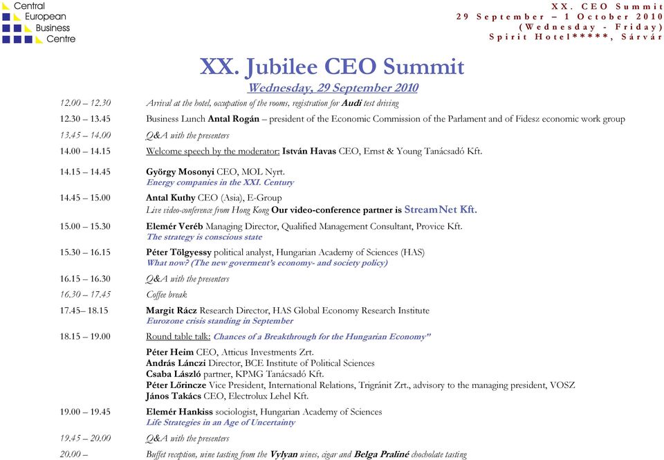 15 Welcome speech by the moderator: István Havas CEO, Ernst & Young Tanácsadó Kft. 14.15 14.45 György Mosonyi CEO, MOL Nyrt. Energy companies in the XXI. Century 14.45 15.