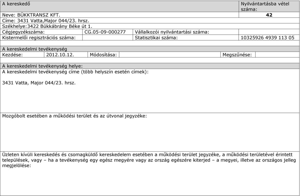 10.12. Módosítása: Megszűnése: A kereskedelmi tevékenység helye: A kereskedelmi tevékenység címe (több helyszín esetén címek): 3431 Vatta, Major 044/23. hrsz.