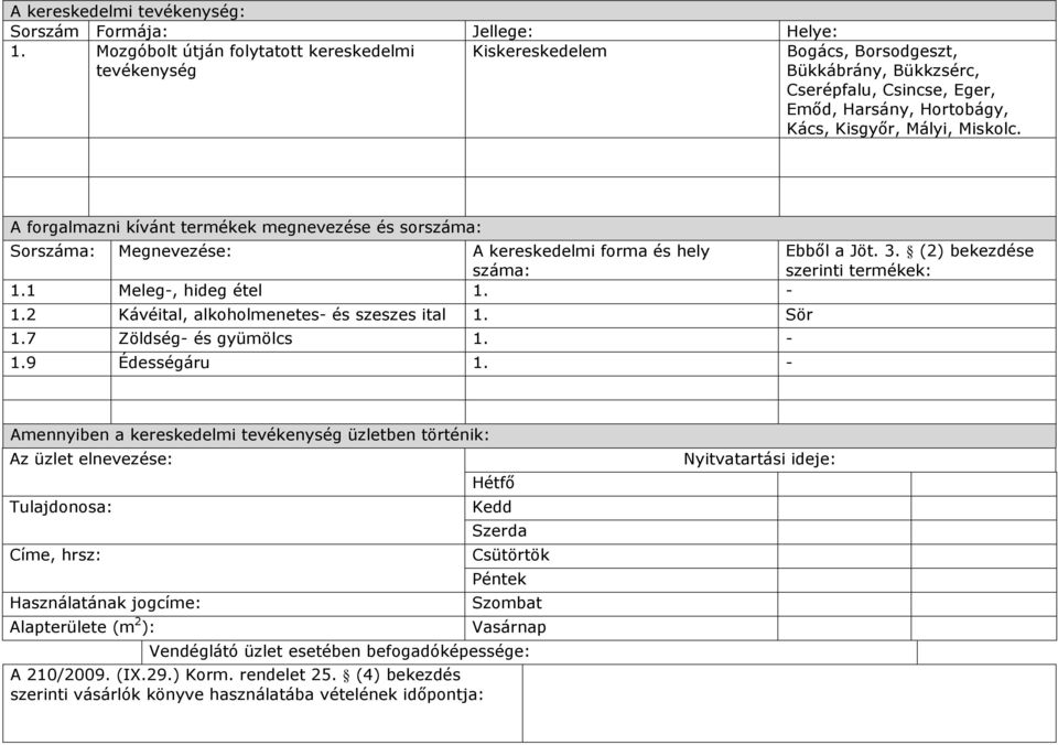 A forgalmazni kívánt termékek megnevezése és sor Sor Megnevezése: A kereskedelmi forma és hely Ebből a Jöt. 3. (2) bekezdése szerinti termékek: 1.1 Meleg-, hideg étel 1. - 1.