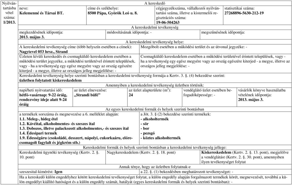 száma, illetve a kistermelői re- 27268896-5630-212-19 gisztrációs 19-06-504263 módosításának időpontja: - címe (több helyszín esetében a címek): Mozgóbolt esetében a működési terület és az útvonal