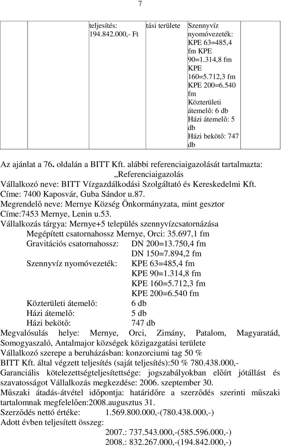 alábbi referenciaigazolását tartalmazta: Referenciaigazolás Vállalkozó neve: BITT Vízgazdálkodási Szolgáltató és Kereskedelmi Kft. Címe: 7400 Kaposvár, Guba Sándor u.87.