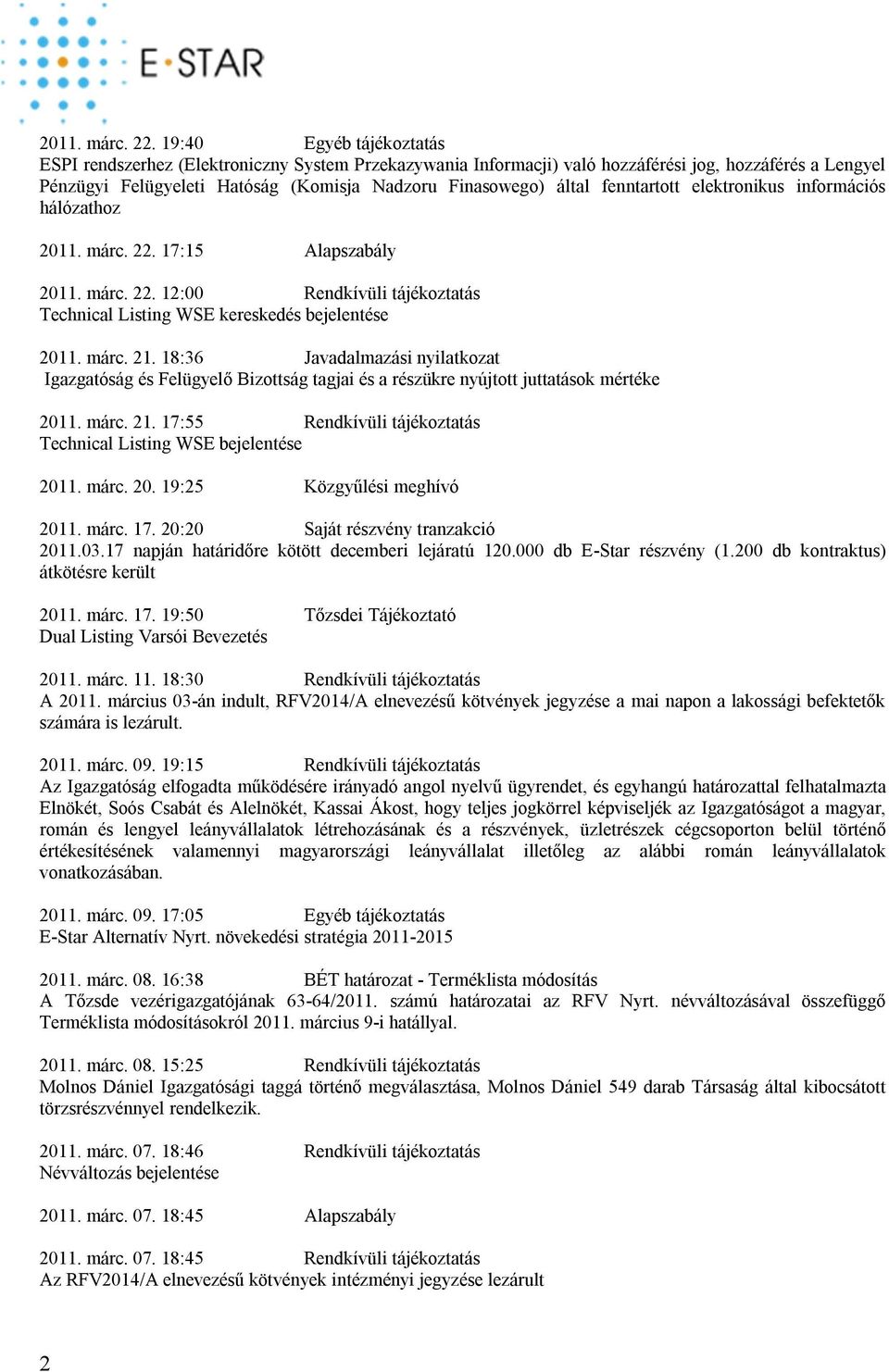 fenntartott elektronikus információs hálózathoz  17:15 Alapszabály  12:00 Rendkívüli tájékoztatás Technical Listing WSE kereskedés bejelentése 2011. márc. 21.