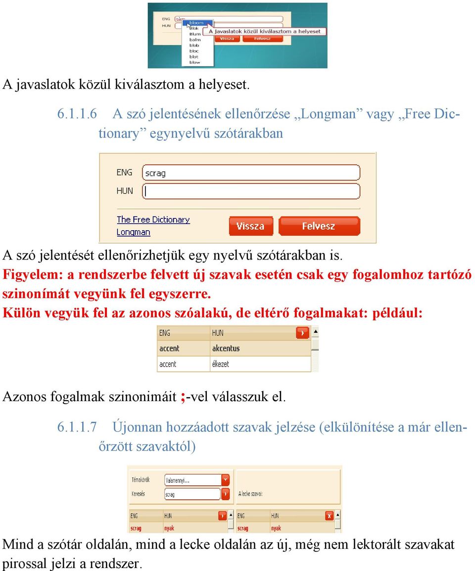 Figyelem: a rendszerbe felvett új szavak esetén csak egy fogalomhoz tartózó szinonímát vegyünk fel egyszerre.