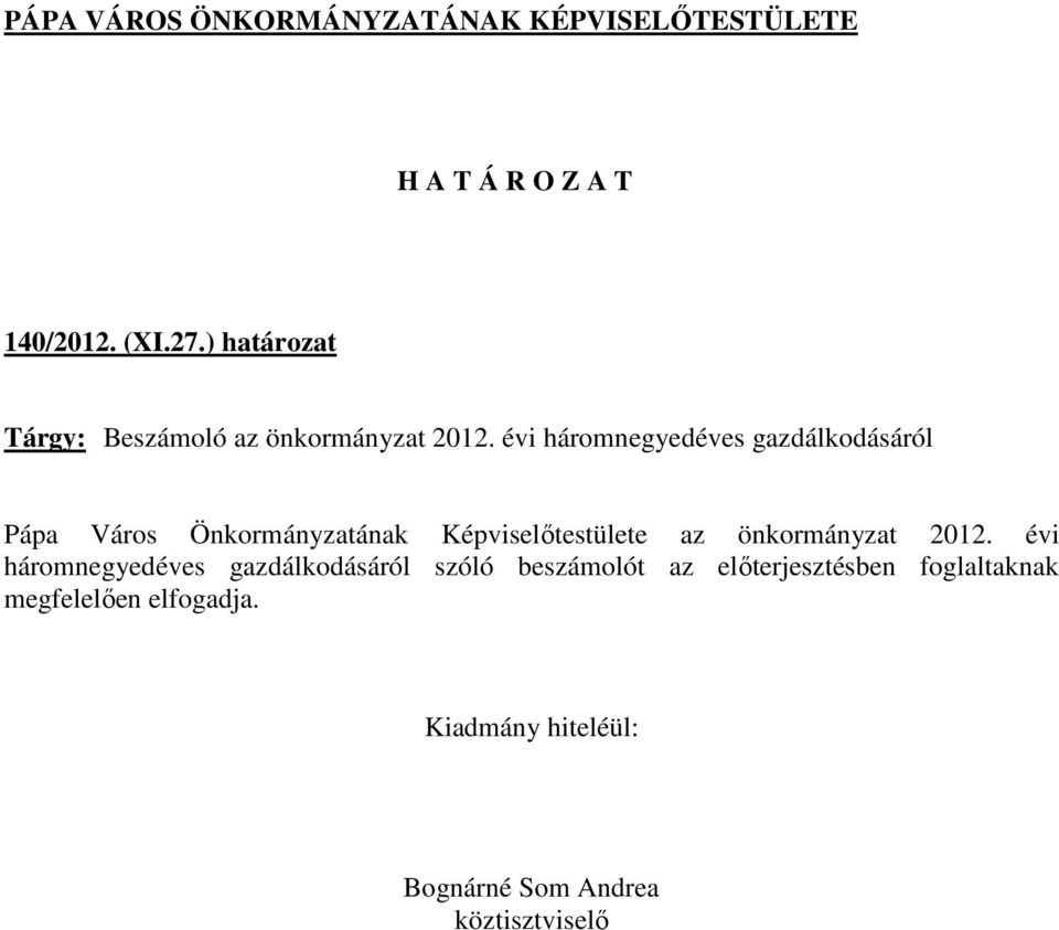 Képviselőtestülete az önkormányzat 2012.