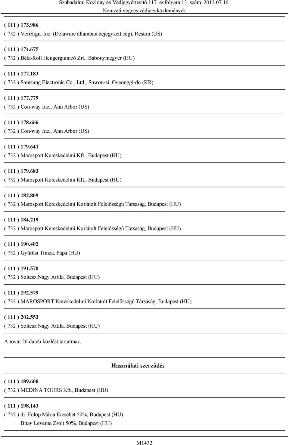 641 ( 732 ) Marosport Kereskedelmi Kft., Budapest (HU) ( 111 ) 179.683 ( 732 ) Marosport Kereskedelmi Kft., Budapest (HU) ( 111 ) 182.