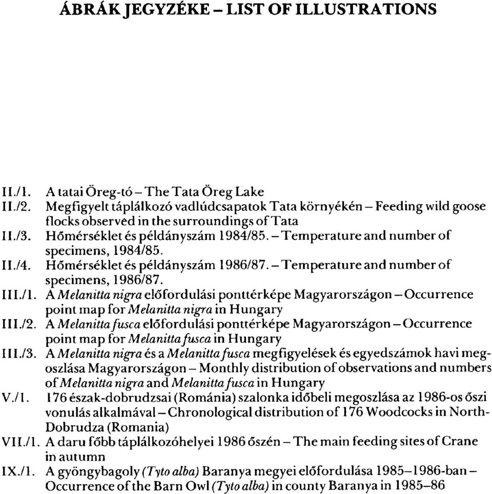 H?mérséklet és példányszám 1986/87. -Temperature and number of specimens, 1986/87. III./l A Melanitta nigra el?fordulási ponttérképe Magyarországon - point {or Melanitta map nigra in Hungary III./2.