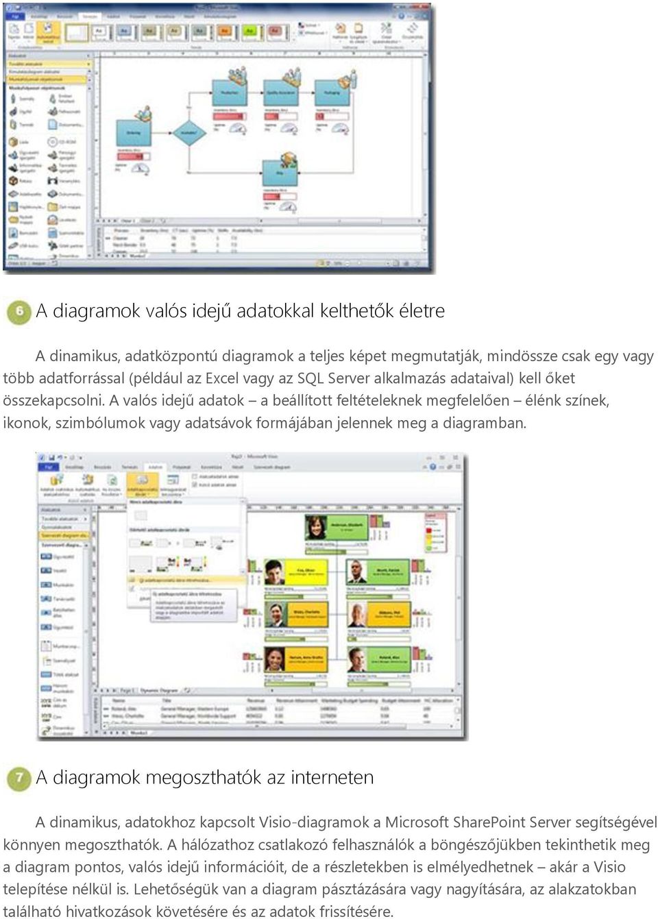 A diagramok megoszthatók az interneten A dinamikus, adatokhoz kapcsolt Visio-diagramok a Microsoft SharePoint Server segítségével könnyen megoszthatók.
