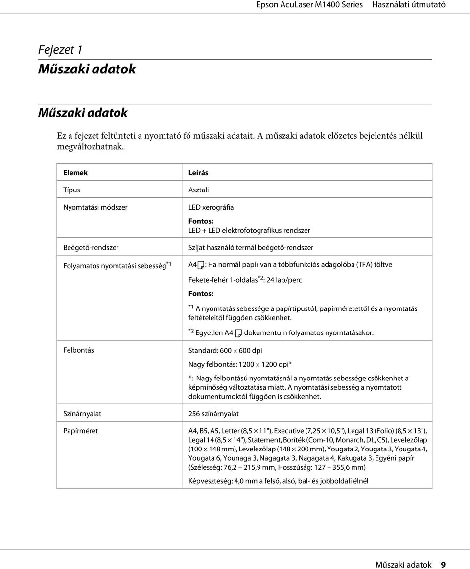 A4 : Ha normál papír van a többfunkciós adagolóba (TFA) töltve Fekete-fehér 1-oldalas *2 : 24 lap/perc Fontos: *1 A nyomtatás sebessége a papírtípustól, papírméretettől és a nyomtatás feltételeitől