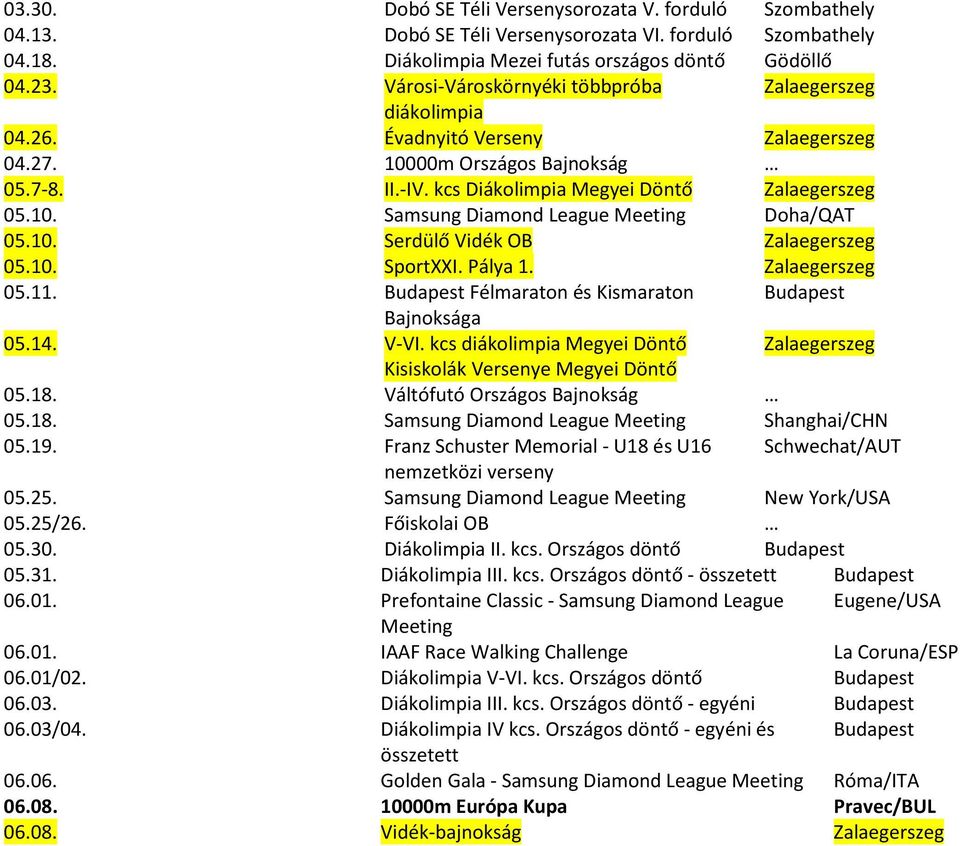 10. Serdülő Vidék OB Zalaegerszeg 05.10. SportXXI. Pálya 1. Zalaegerszeg 05.11. Budapest Félmaraton és Kismaraton Budapest Bajnoksága 05.14. V-VI.