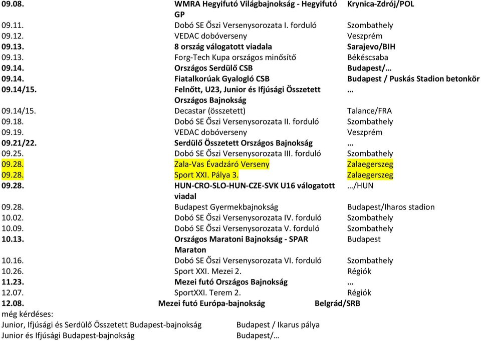 14/15. Felnőtt, U23, Junior és Ifjúsági Összetett Országos Bajnokság 09.14/15. Decastar (összetett) Talance/FRA 09.18. Dobó SE Őszi Versenysorozata II. forduló Szombathely 09.19.