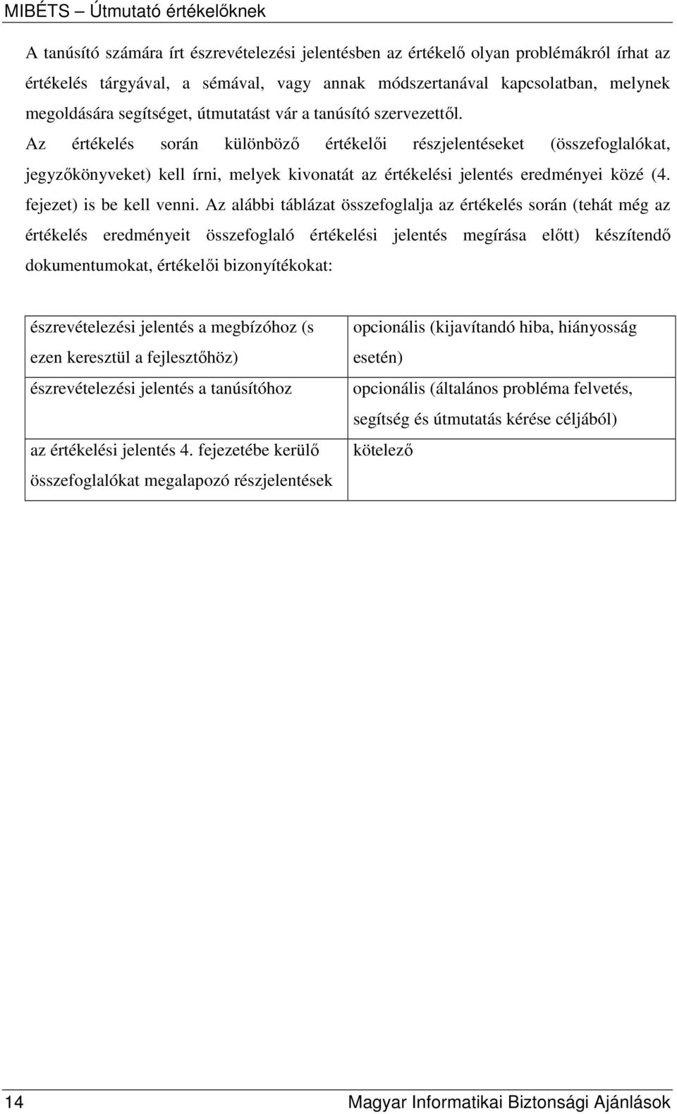 Az értékelés során különbözı értékelıi részjelentéseket (összefoglalókat, jegyzıkönyveket) kell írni, melyek kivonatát az értékelési jelentés eredményei közé (4. fejezet) is be kell venni.