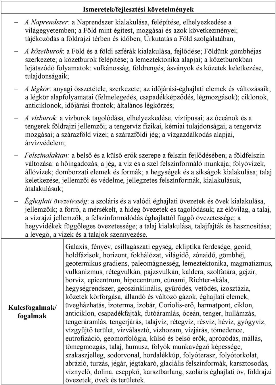 alapjai; a kőzetburokban lejátszódó folyamatok: vulkánosság, földrengés; ásványok és kőzetek keletkezése, tulajdonságaik; A légkör: anyagi összetétele, szerkezete; az időjárási-éghajlati elemek és