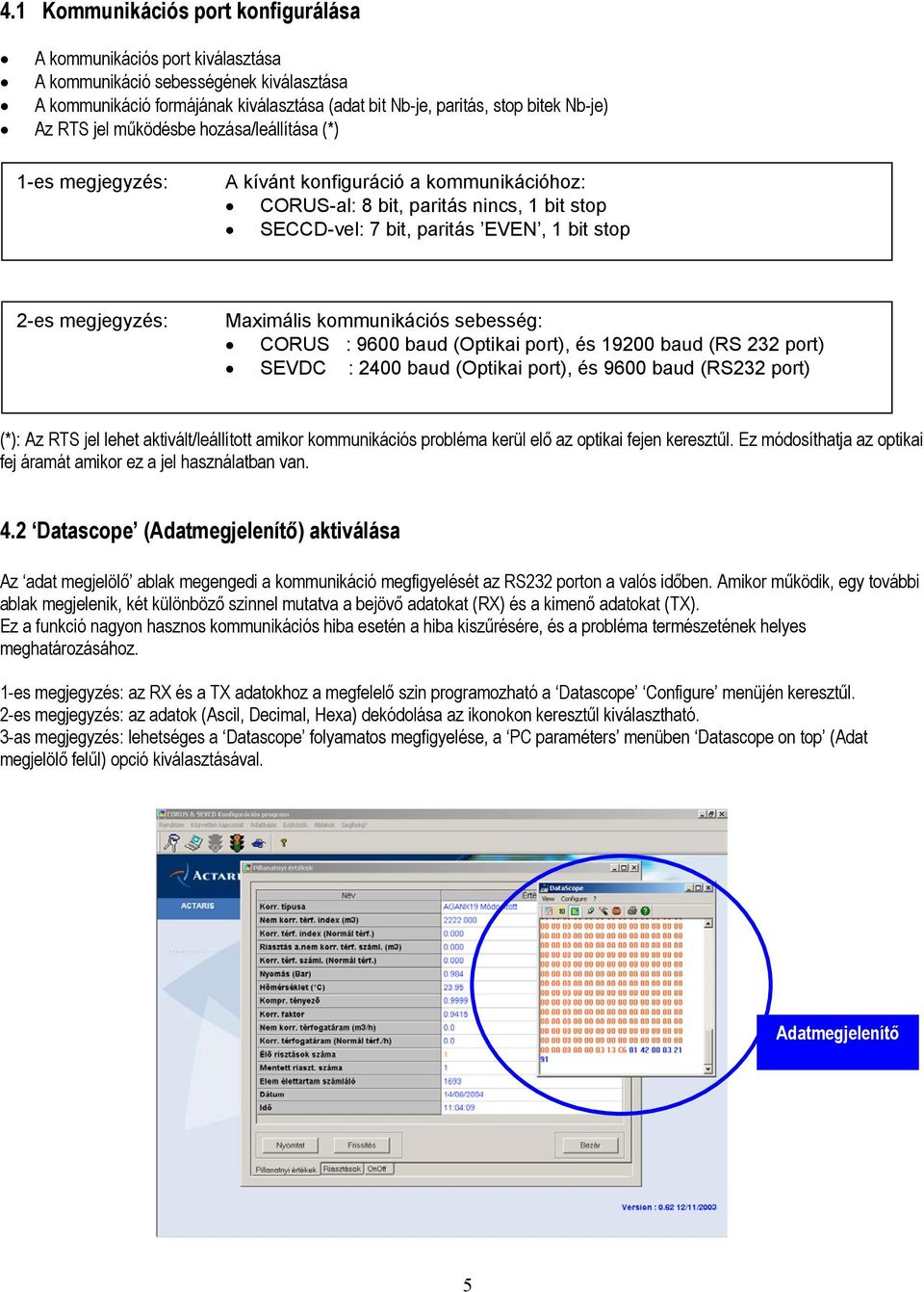 megjegyzés: Maximális kommunikációs sebesség: CORUS : 9600 baud (Optikai port), és 19200 baud (RS 232 port) SEVDC : 2400 baud (Optikai port), és 9600 baud (RS232 port) (*): Az RTS jel lehet