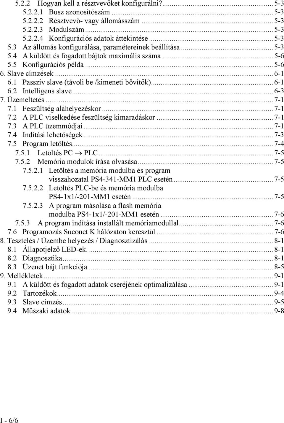 1 Passzív slave (távoli be /kimeneti bővítők)...6-1 6.2 Intelligens slave...6-3 7. Üzemeltetés...7-1 7.1 Feszültség aláhelyezéskor...7-1 7.2 A PLC viselkedése feszültség kimaradáskor...7-1 7.3 A PLC üzemmódjai.
