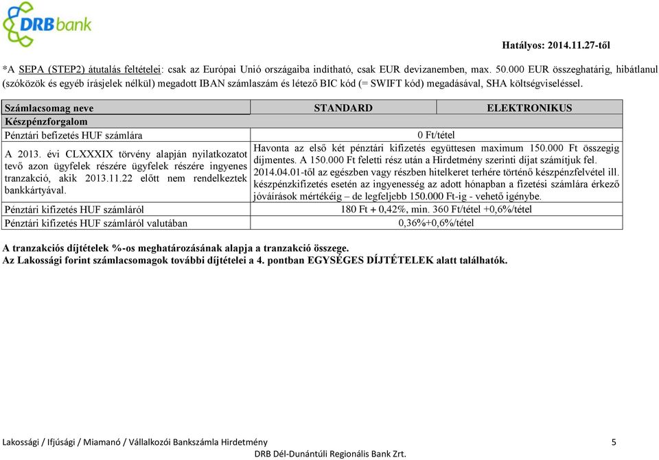 Számlacsomag neve STANDARD ELEKTRONIKUS Készpénzforgalom Pénztári befizetés HUF számlára /tétel A 2013.