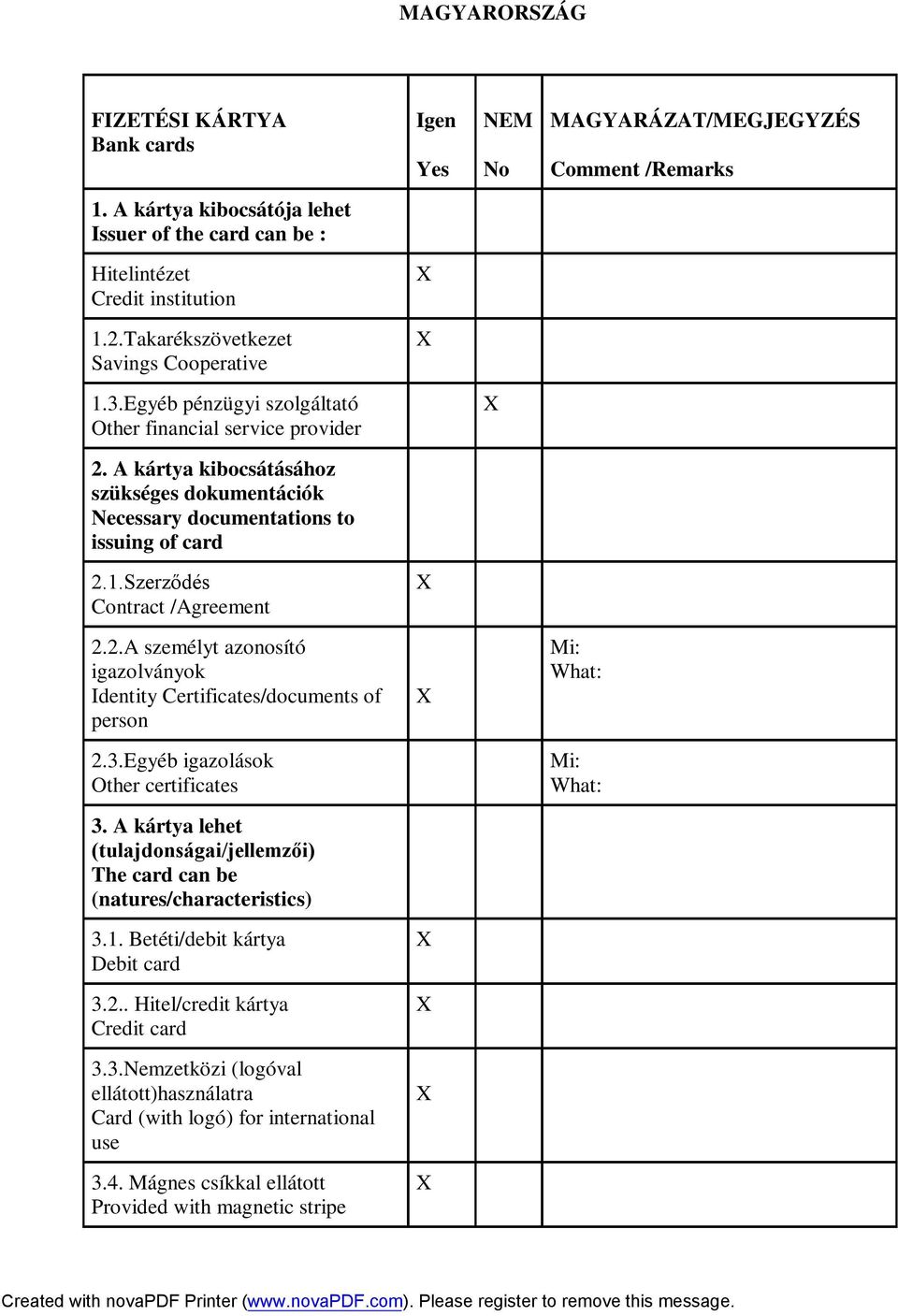 1.Szerződés Contract /Agreement 2.2.A személyt azonosító igazolványok Identity Certificates/documents of person Mi: What: 2.3.Egyéb igazolások Other certificates Mi: What: 3.