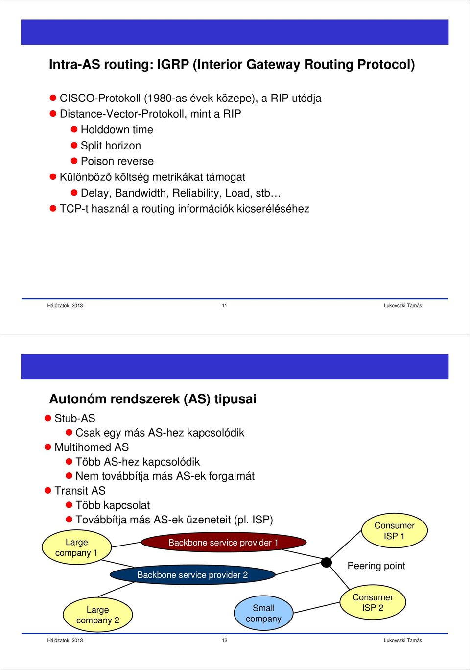 rendszerek (S) tipusai Stub-S Csak egy más S-hez kapcsolódik Multihomed S Több S-hez kapcsolódik Nem továbbítja más S-ek forgalmát Transit S Több kapcsolat Továbbítja