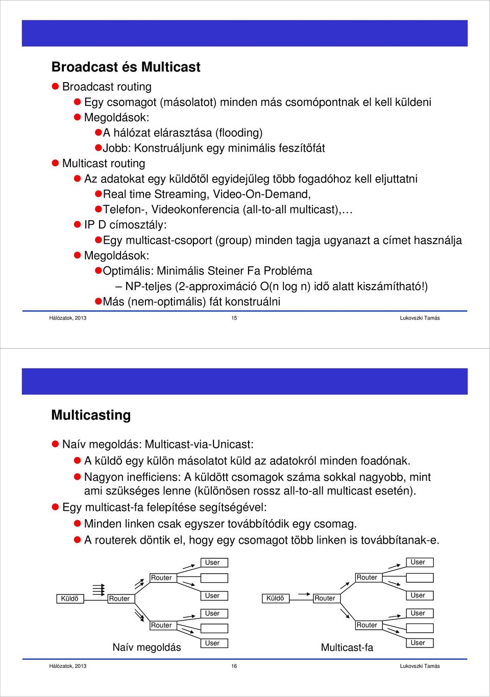 multicast-csoport (group) minden tagja ugyanazt a címet használja Megoldások: Optimális: Minimális Steiner Fa Probléma NP-teljes (2-approximáció O(n log n) idő alatt kiszámítható!