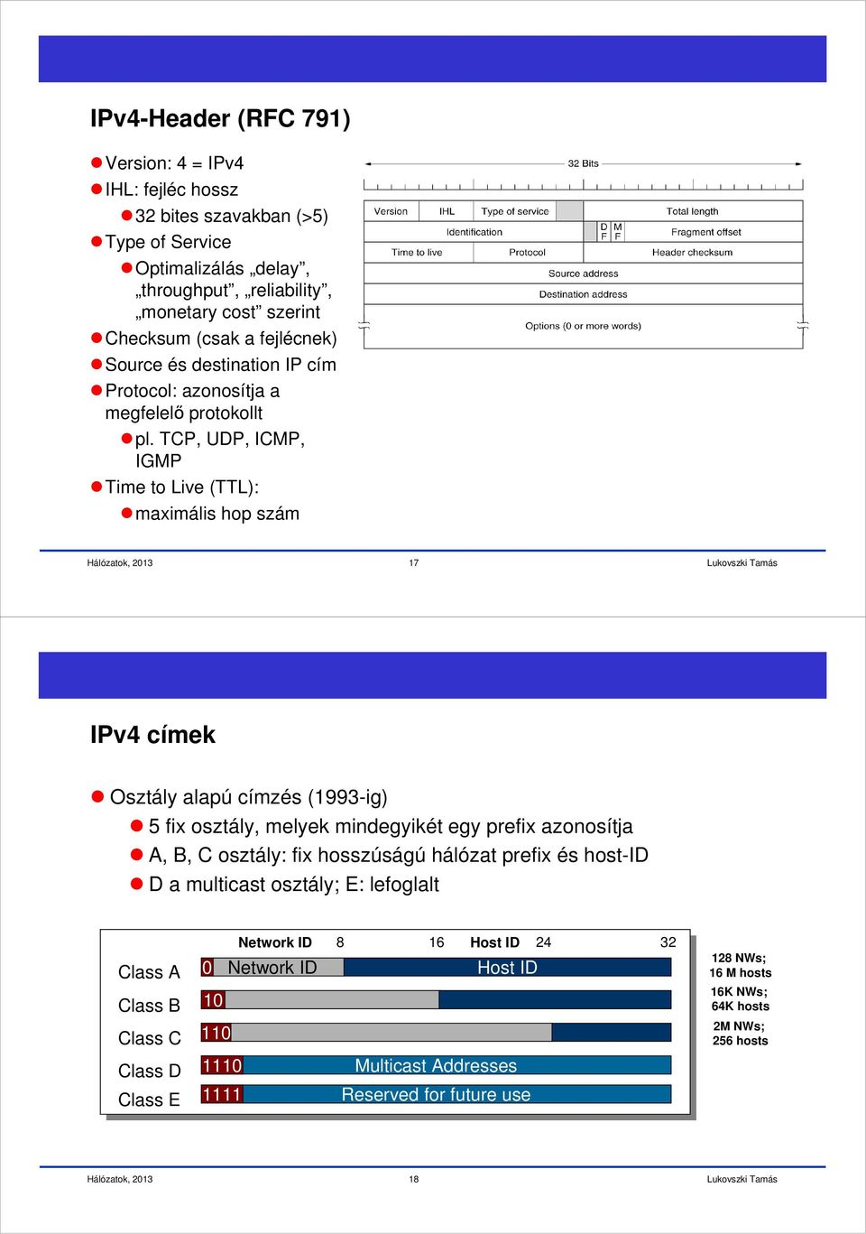 TCP, UDP, ICMP, IGMP Time to Live (TTL): maximális hop szám 17 IPv4 címek Osztály alapú címzés (1993-ig) 5 fix osztály, melyek mindegyikét egy prefix azonosítja,, C osztály: fix