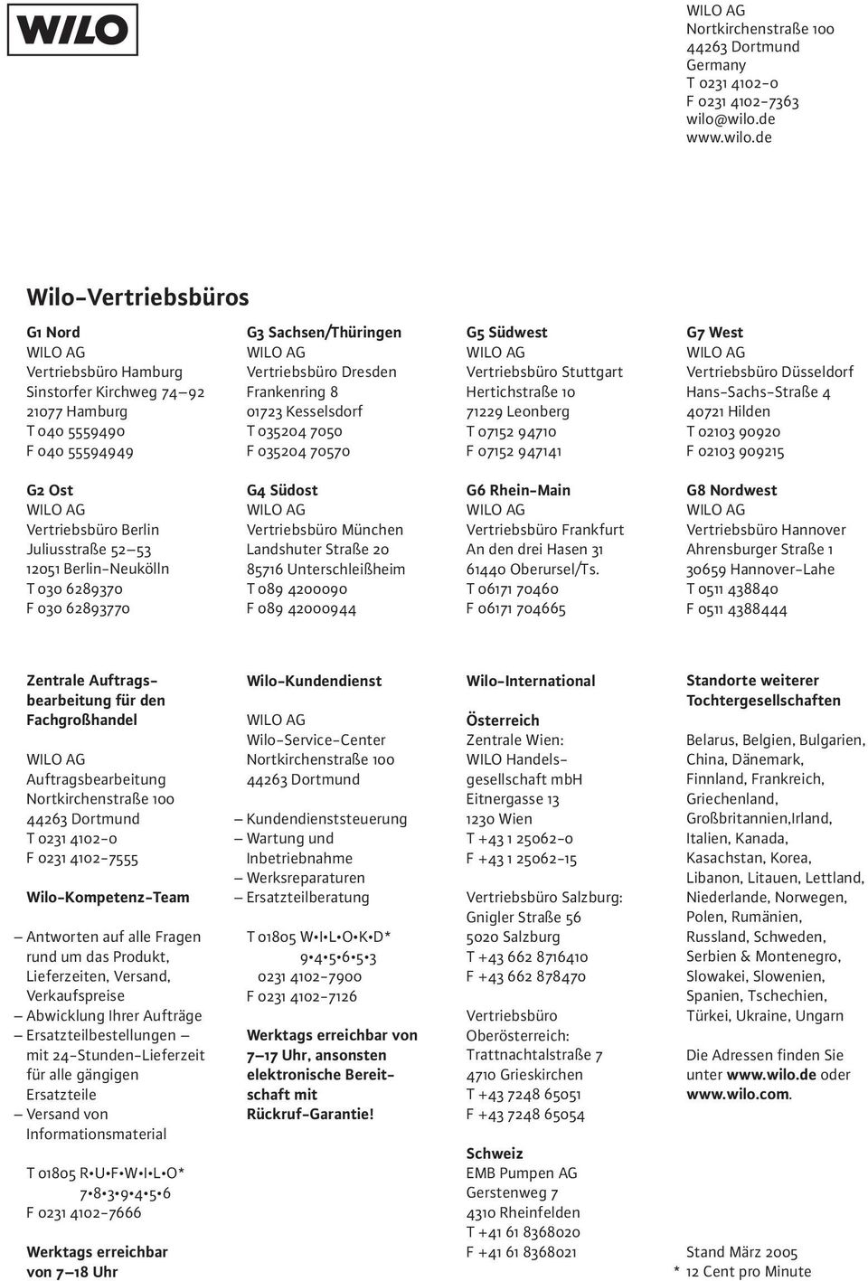 Frankenring 8 01723 Kesselsdorf T 035204 7050 F 035204 70570 G5 Südwest WILO AG Vertriebsbüro Stuttgart Hertichstraße 10 71229 Leonberg T 07152 94710 F 07152 947141 G7 West WILO AG Vertriebsbüro