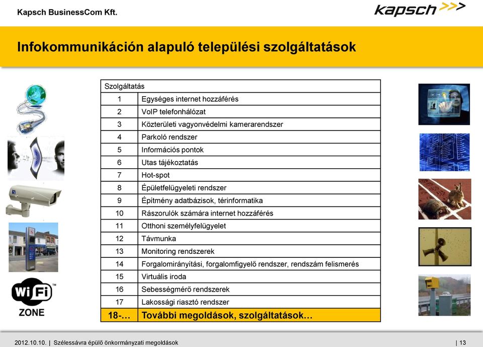 internet hozzáférés 11 Otthoni személyfelügyelet 12 Távmunka 13 Monitoring rendszerek 14 Forgalomirányítási, forgalomfigyelő rendszer, rendszám felismerés 15