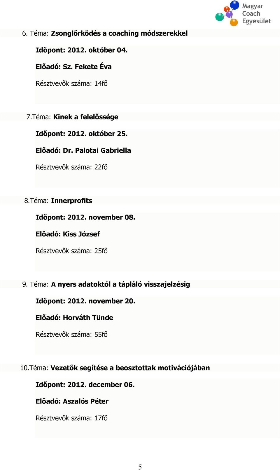 november 08. Előadó: Kiss József Résztvevők száma: 25fő 9. Téma: A nyers adatoktól a tápláló visszajelzésig Időpont: 2012. november 20.