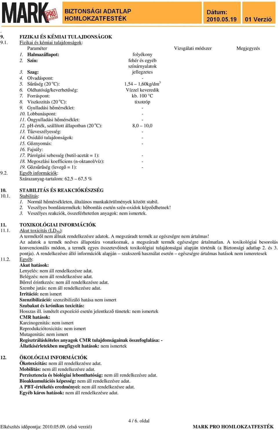 Gyulladási hőmérséklet: - 10. Lobbanáspont: - 11. Öngyulladási hőmérséklet: - 12. ph-érték, szállított állapotban (20 o C): 8,0 10,0 13. Tűzveszélyesség: - 14. Oxidáló tulajdonságok: - 15.