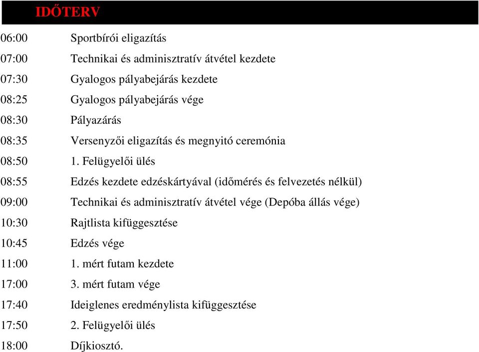 Felügyelői ülés 08:55 Edzés kezdete edzéskártyával (időmérés és felvezetés nélkül) 09:00 Technikai és adminisztratív átvétel vége (Depóba