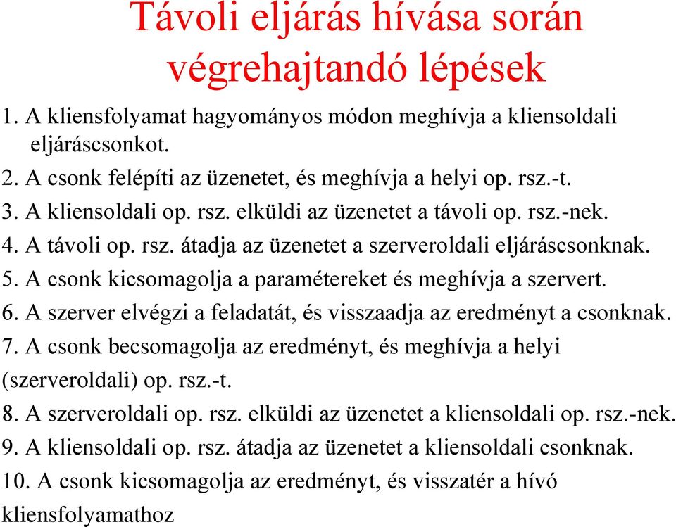 A csonk kicsomagolja a paramétereket és meghívja a szervert. 6. A szerver elvégzi a feladatát, és visszaadja az eredményt a csonknak. 7.