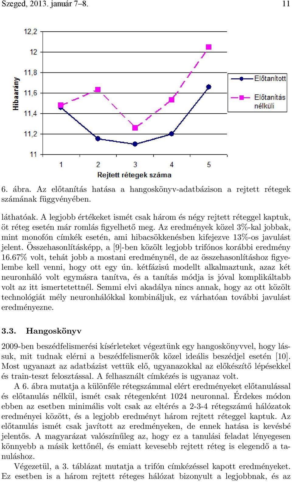 Az eredmények közel 3%-kal jobbak, mint monofón címkék esetén, ami hibacsökkenésben kifejezve 13%-os javulást jelent. Összehasonlításképp, a [9]-ben közölt legjobb trifónos korábbi eredmény 16.