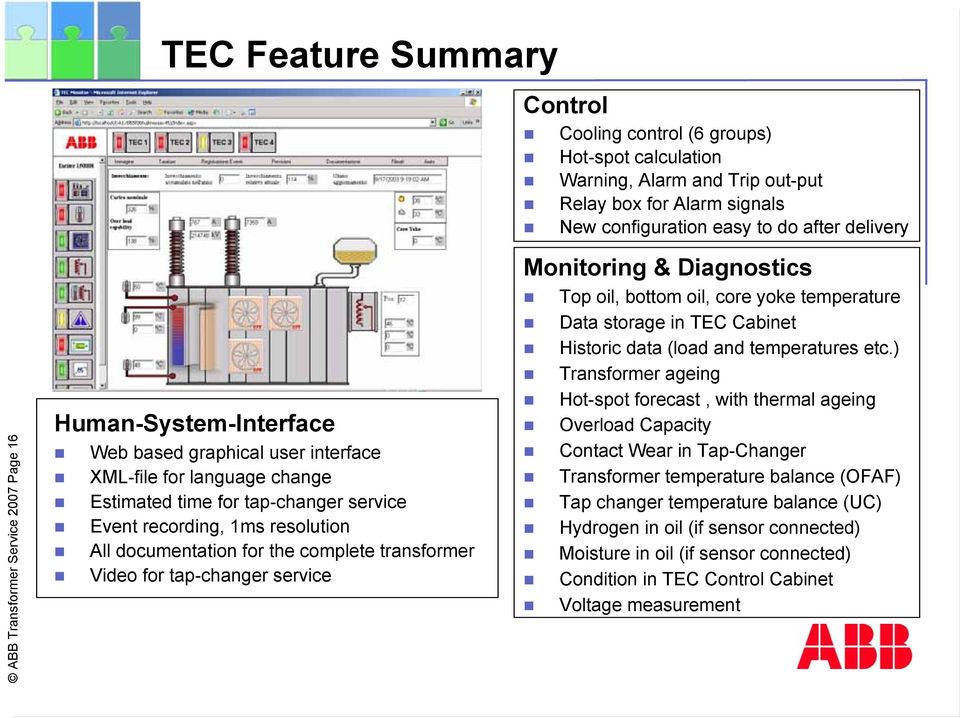 for the complete transformer Video for tap-changer service Monitoring & Diagnostics Top oil, bottom oil, core yoke temperature Data storage in TEC Cabinet Historic data (load and temperatures etc.