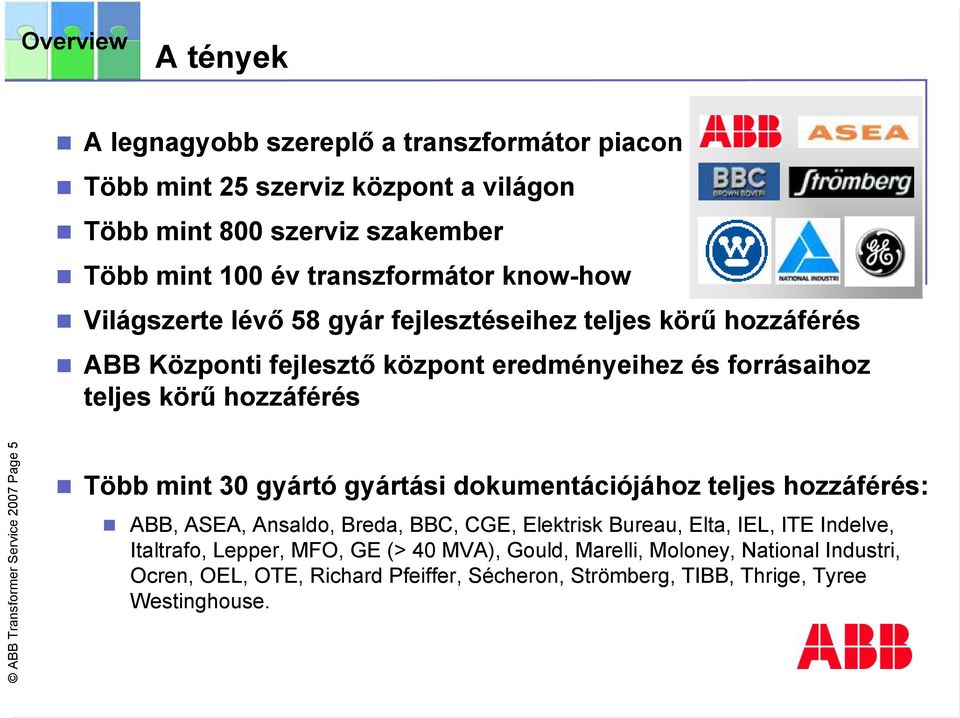 Transformer Service 2007 Page 5 Több mint 30 gyártó gyártási dokumentációjához teljes hozzáférés: ABB, ASEA, Ansaldo, Breda, BBC, CGE, Elektrisk Bureau, Elta, IEL, ITE