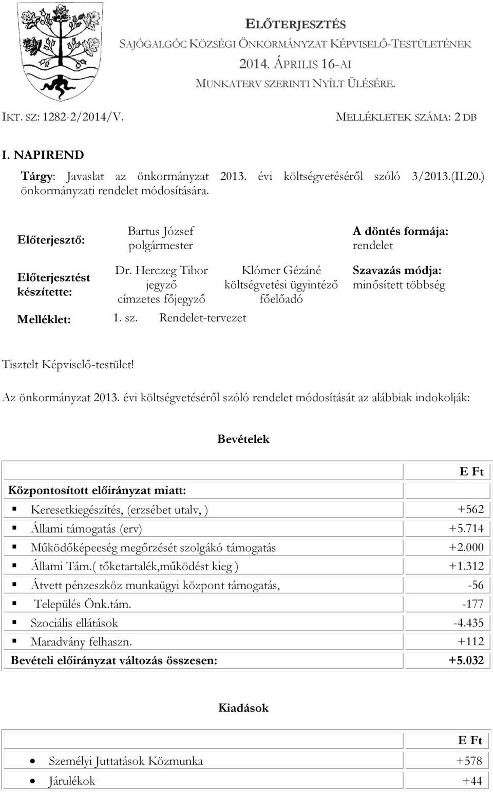 Előterjesztő: Bartus József polgármester A döntés formája: rendelet Előterjesztést készítette: Dr.