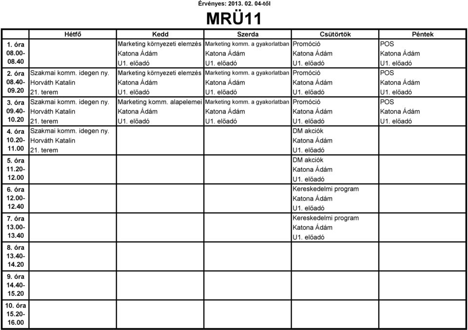 idegen ny. Marketing komm. alapelemei Marketing komm. a gyakorlatban Promóció POS Horváth Katalin Katona Ádám Katona Ádám Katona Ádám Katona Ádám 21. terem U1. előadó U1. előadó U1. előadó U1. előadó Szakmai komm.