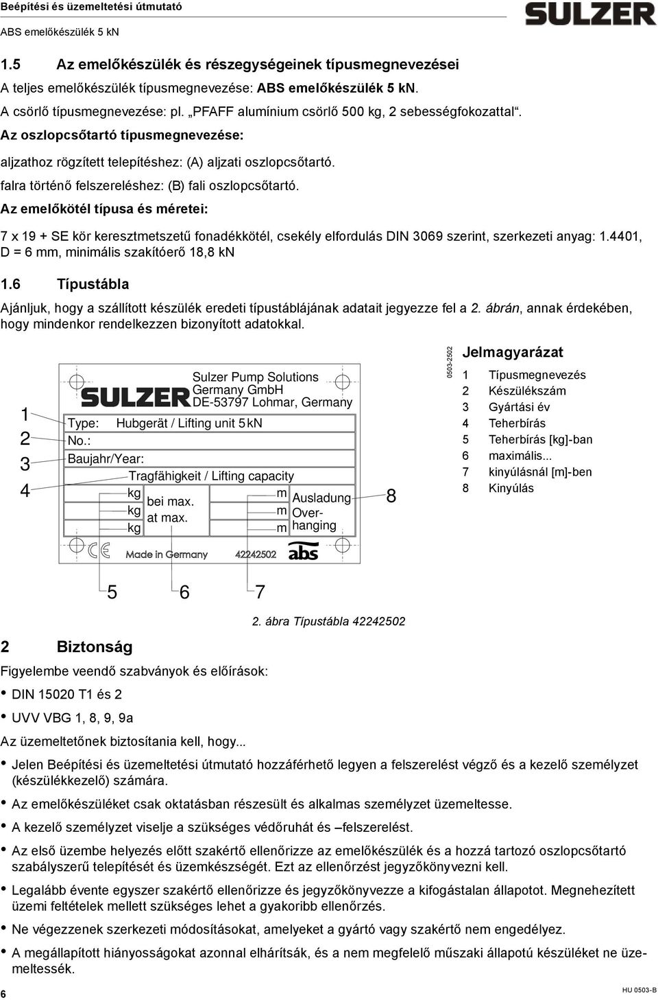 falra történő felszereléshez: (B) fali oszlopcsőtartó. Az eelőkötél típusa és éretei: 7 x 19 + SE kör keresztetszetű fonadékkötél, csekély elfordulás DIN 3069 szerint, szerkezeti anyag: 1.