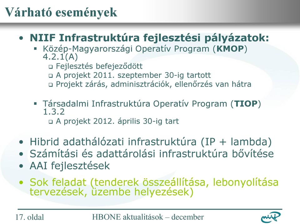 szeptember 30-ig tartott Projekt zárás, adminisztrációk, ellenőrzés van hátra Társadalmi Infrastruktúra Operatív Program (TIOP) 1.3.2 A projekt 2012.