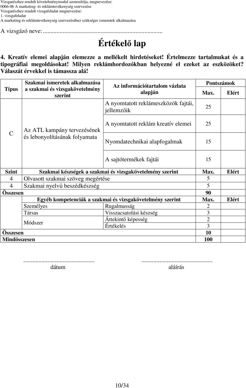 Típus Szakmai ismeretek alkalmazása a szakmai és vizsgakövetelmény szerint Az információtartalom vázlata alapján A nyomtatott reklámeszközök fajtái, jellemzıik Pontszámok Max.