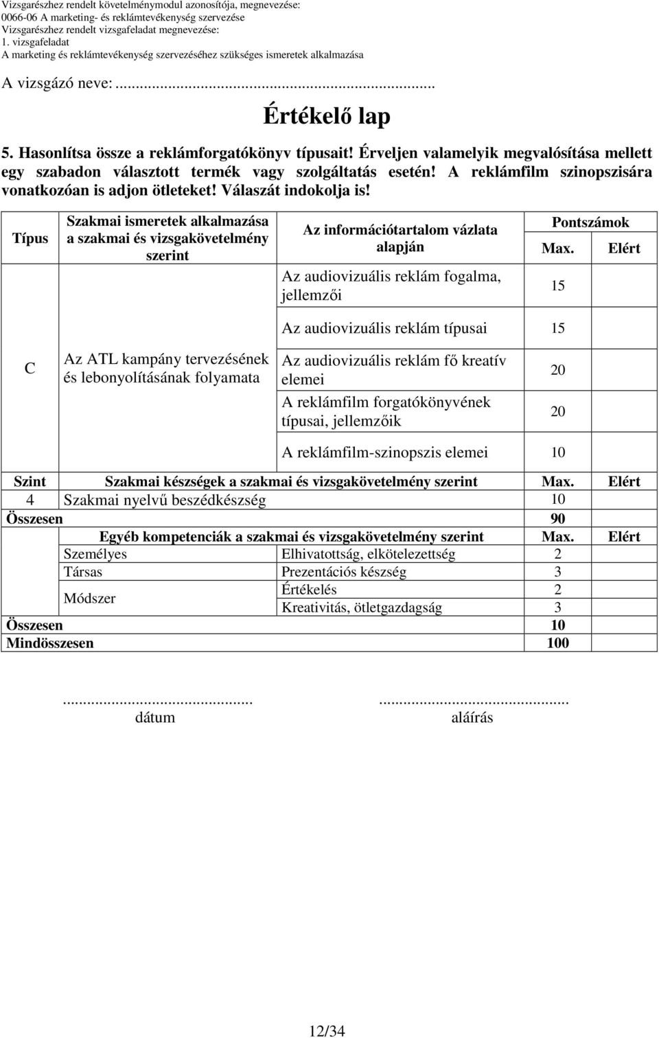 Típus Szakmai ismeretek alkalmazása a szakmai és vizsgakövetelmény szerint Az információtartalom vázlata alapján Az audiovizuális reklám fogalma, jellemzıi Pontszámok Max.