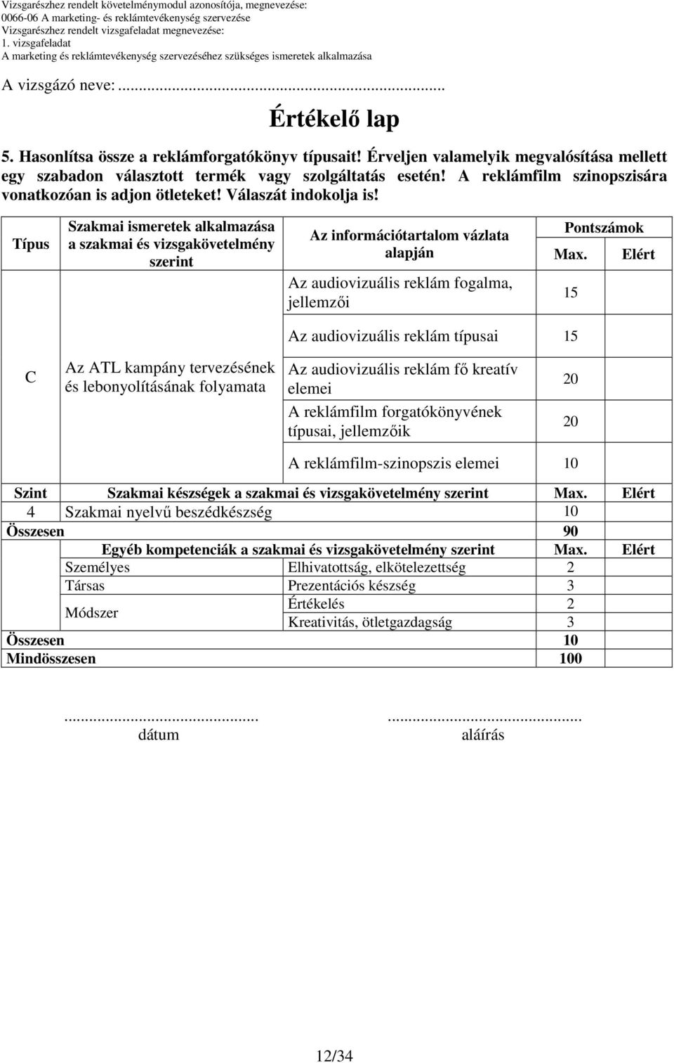 Típus Szakmai ismeretek alkalmazása a szakmai és vizsgakövetelmény szerint Az információtartalom vázlata alapján Az audiovizuális reklám fogalma, jellemzıi Pontszámok Max.