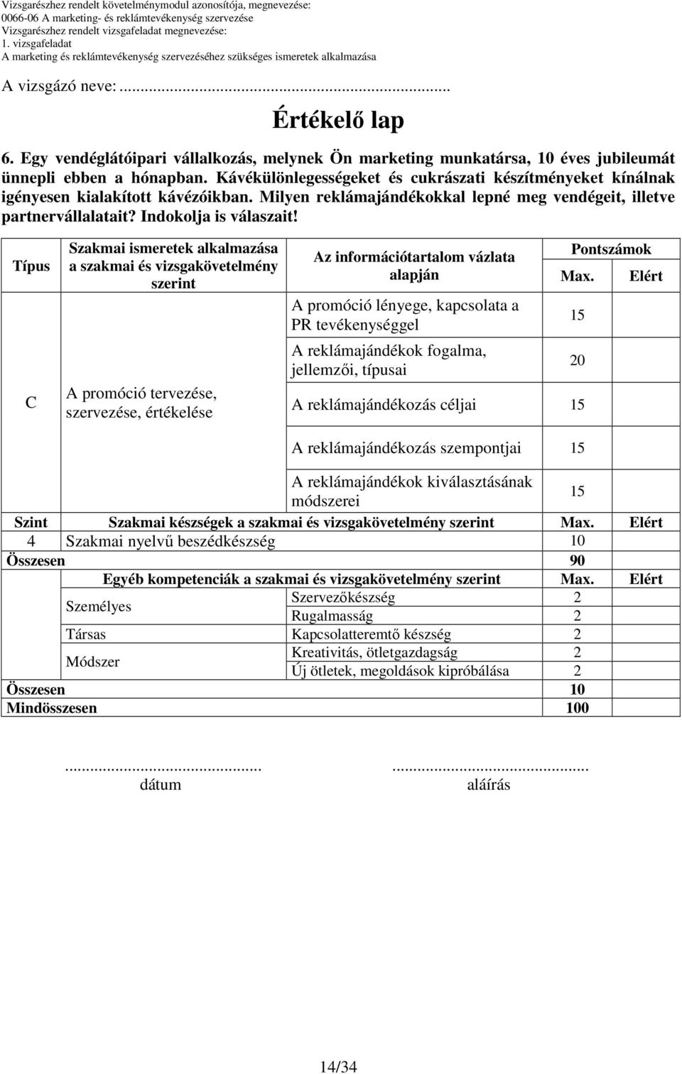 Típus C Szakmai ismeretek alkalmazása a szakmai és vizsgakövetelmény szerint A promóció tervezése, szervezése, értékelése Az információtartalom vázlata alapján A promóció lényege, kapcsolata a PR