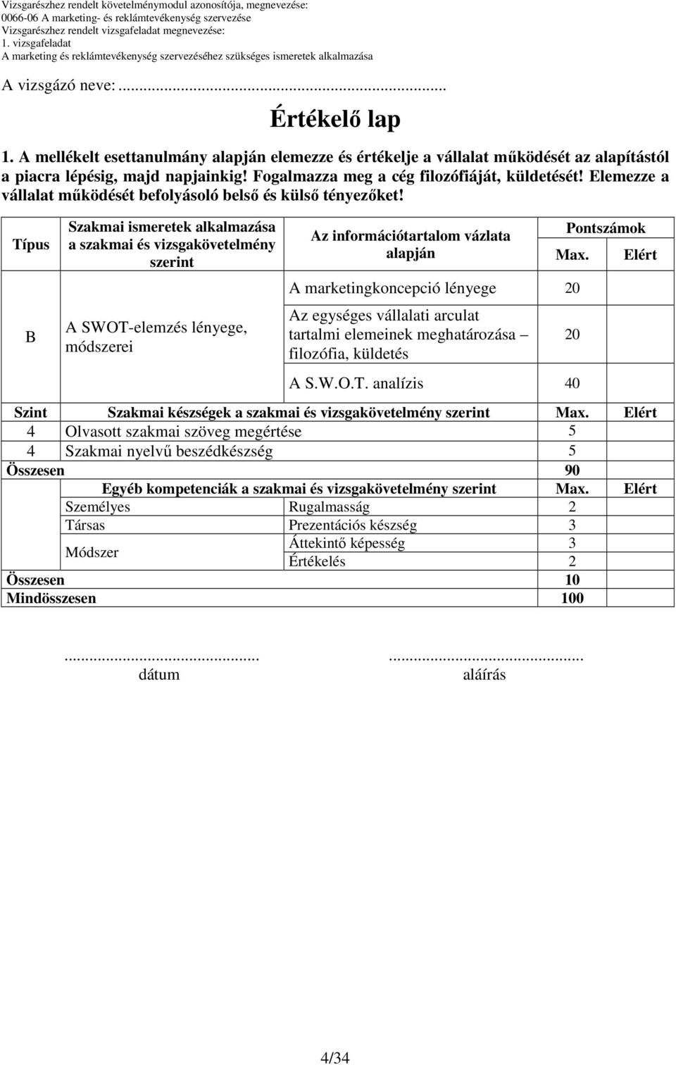 Típus B Szakmai ismeretek alkalmazása a szakmai és vizsgakövetelmény szerint A SWOT-elemzés lényege, módszerei Az információtartalom vázlata alapján Pontszámok Max.